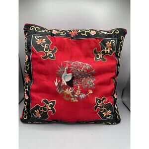 Vintage Asian Peacock Embroidered Red Throw Pillow Black Floral Silk Look